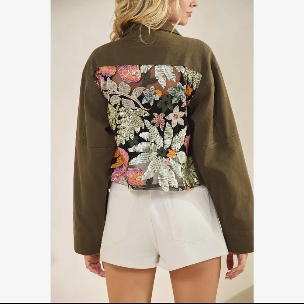Olive denim cotton sequin Jean floral flower mineral bohemian wash coat jacket